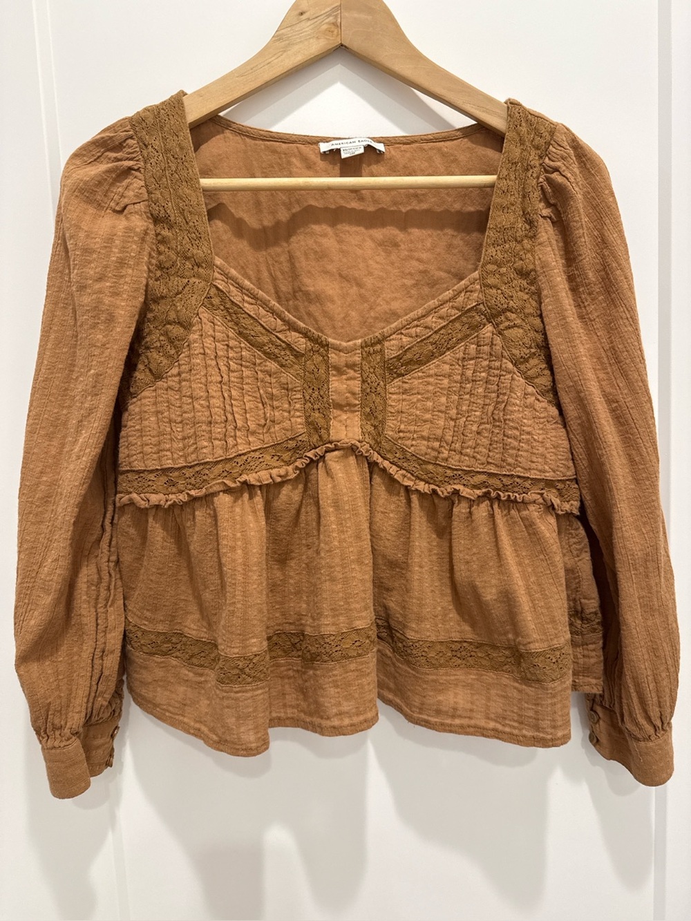 American Eagle Boho Gauze Peplum Babydoll Top XS Brown Lace Cottagecore
